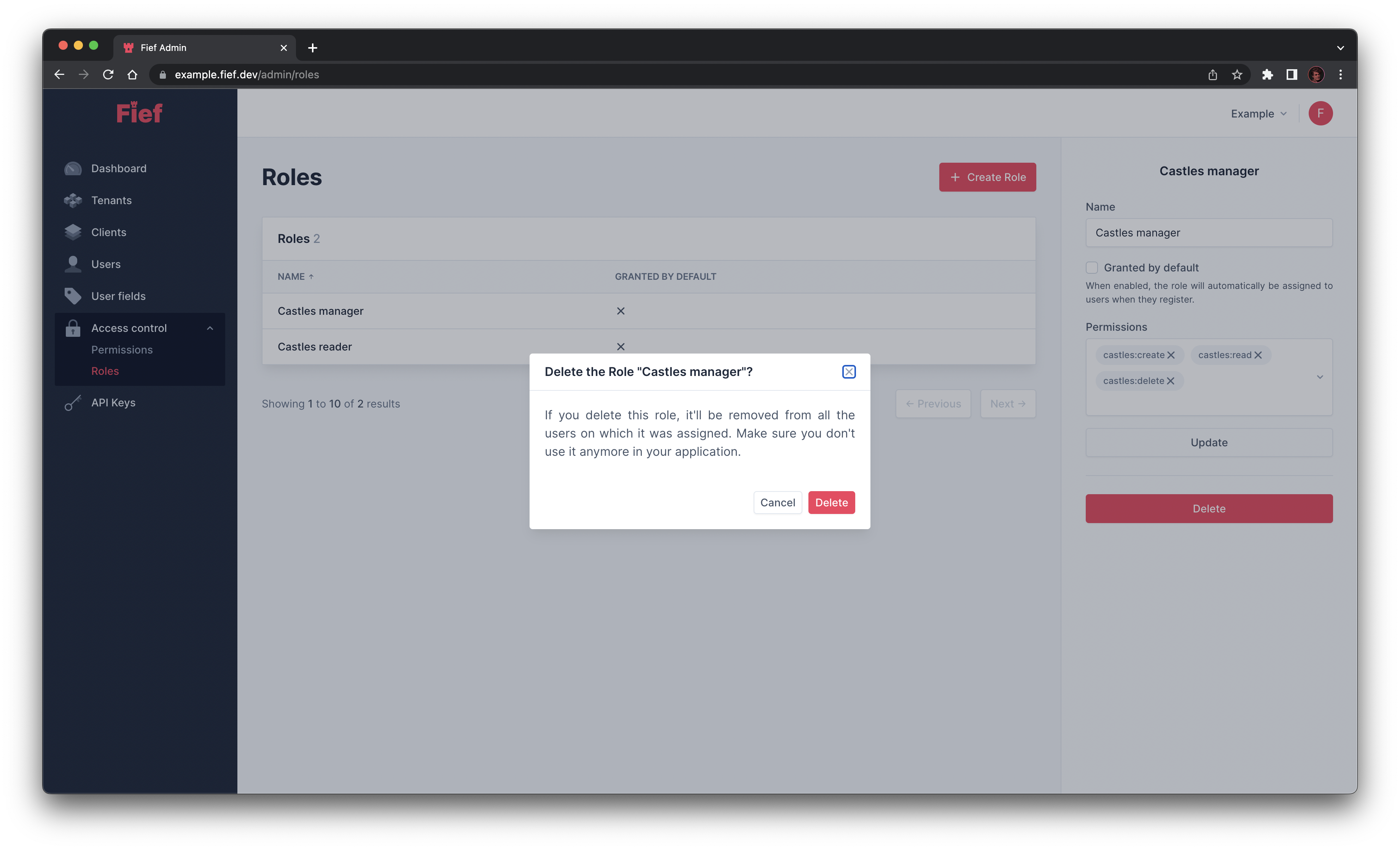Delete role from admin dashboard