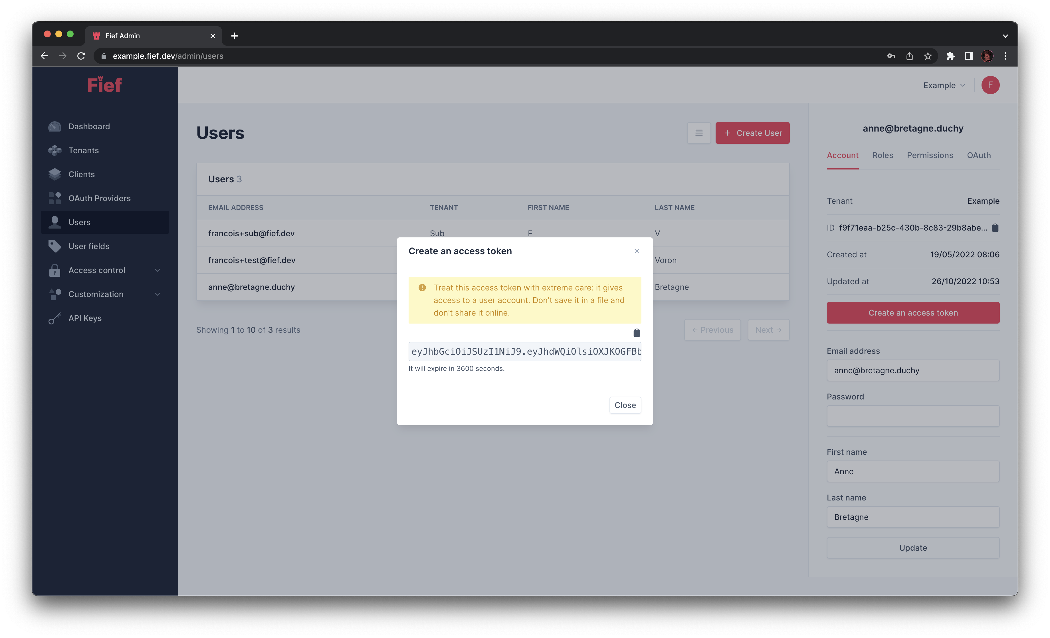 User access token created from admin dashboard