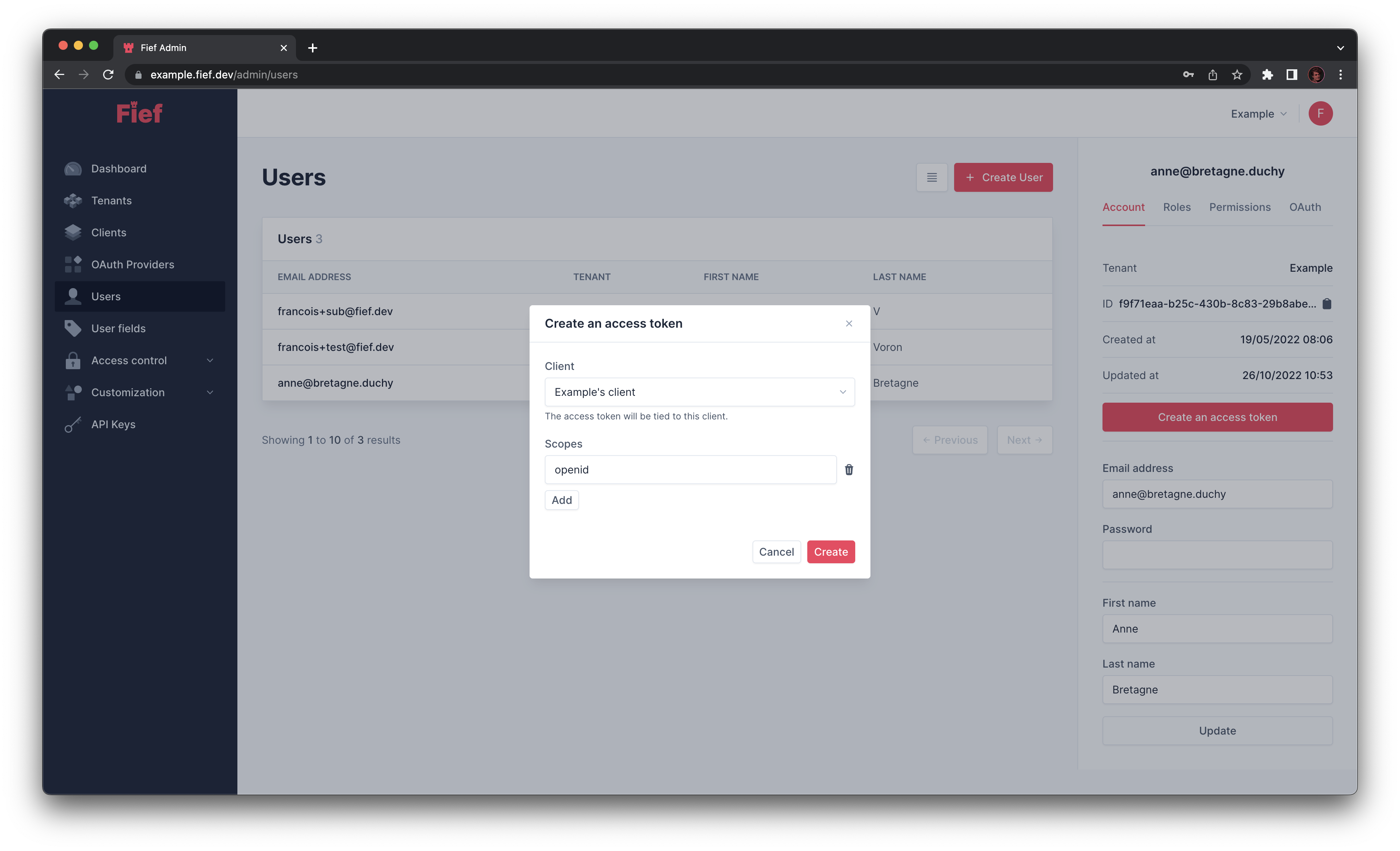 Create user access token from admin dashboard