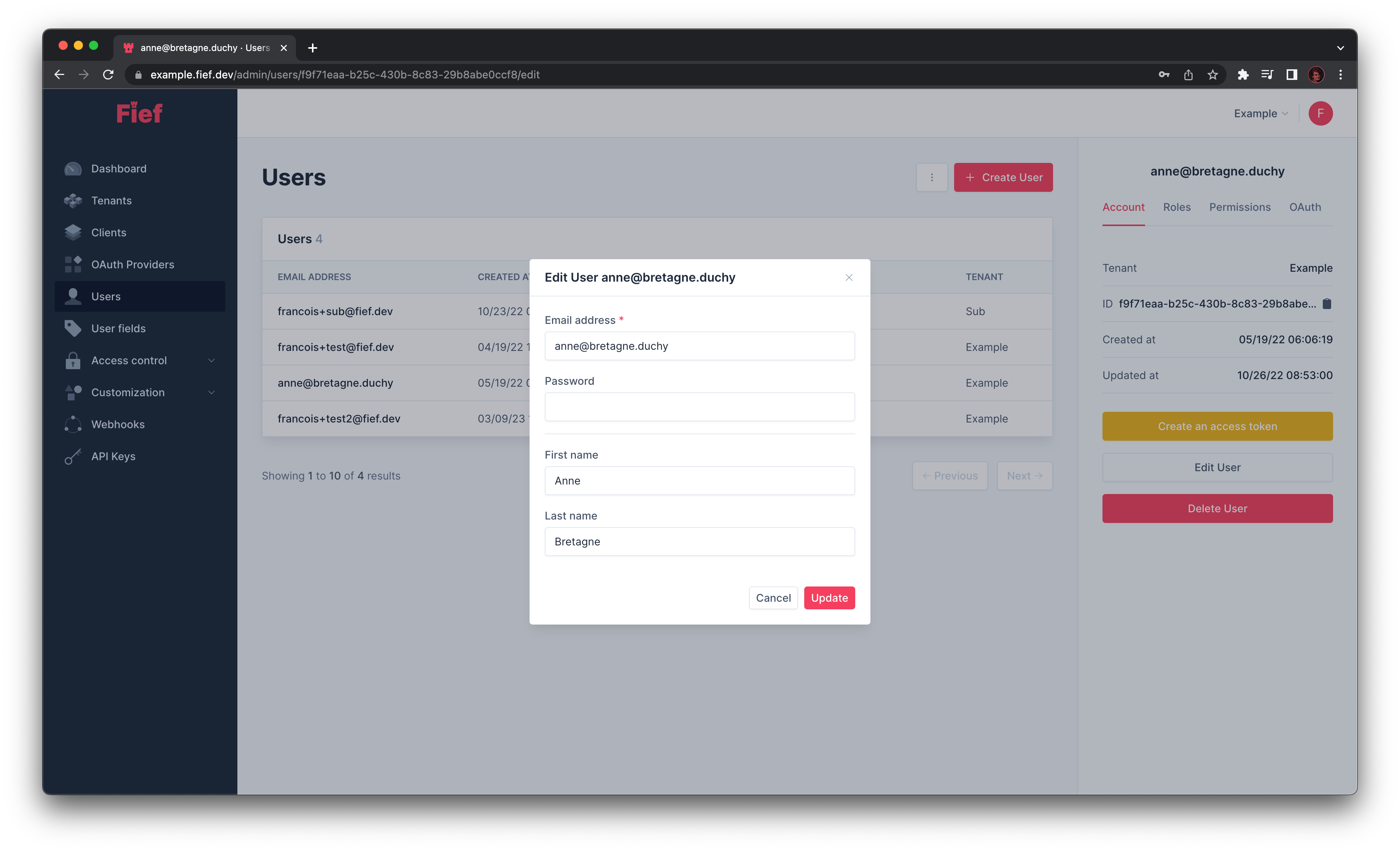Edit user from admin dashboard