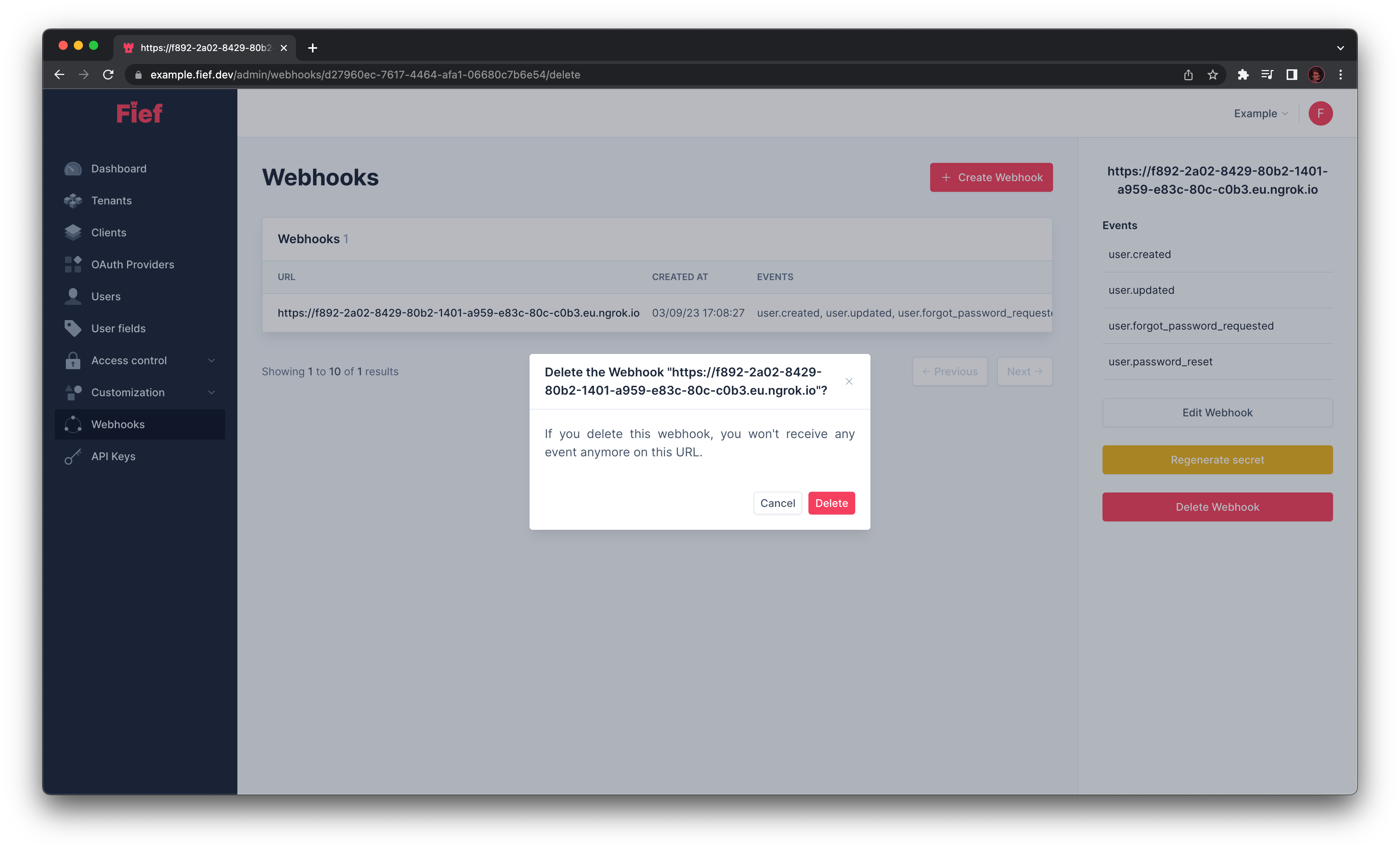 Delete Webhook from admin dashboard
