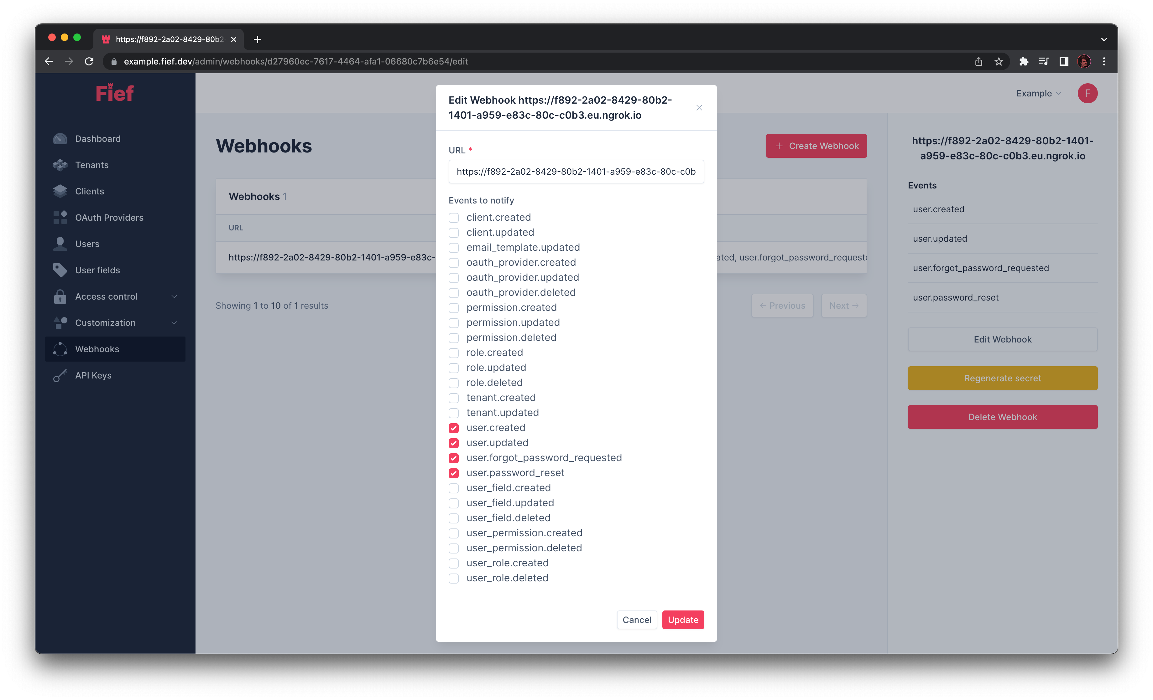 Edit Webhook from admin dashboard
