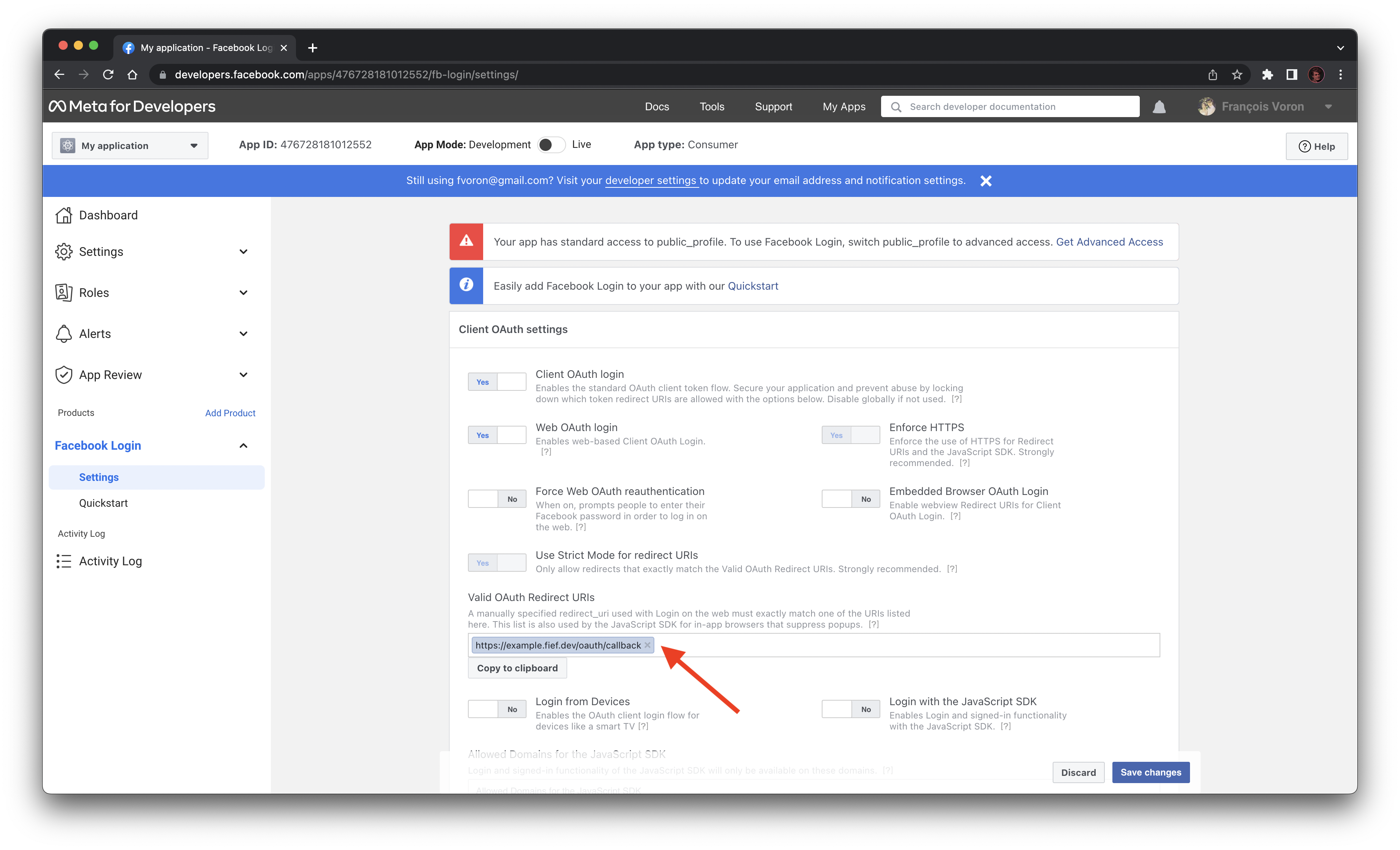 Facebook redirect URI OAuth2 client configuration