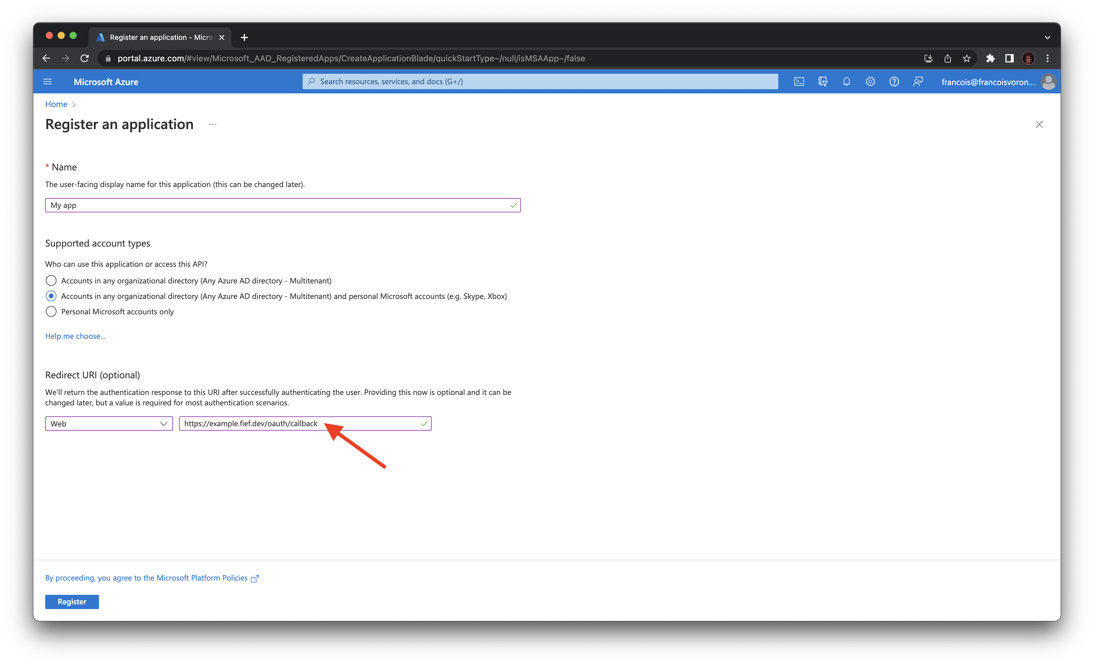 Microsoft OAuth2 redirect URI client configuration